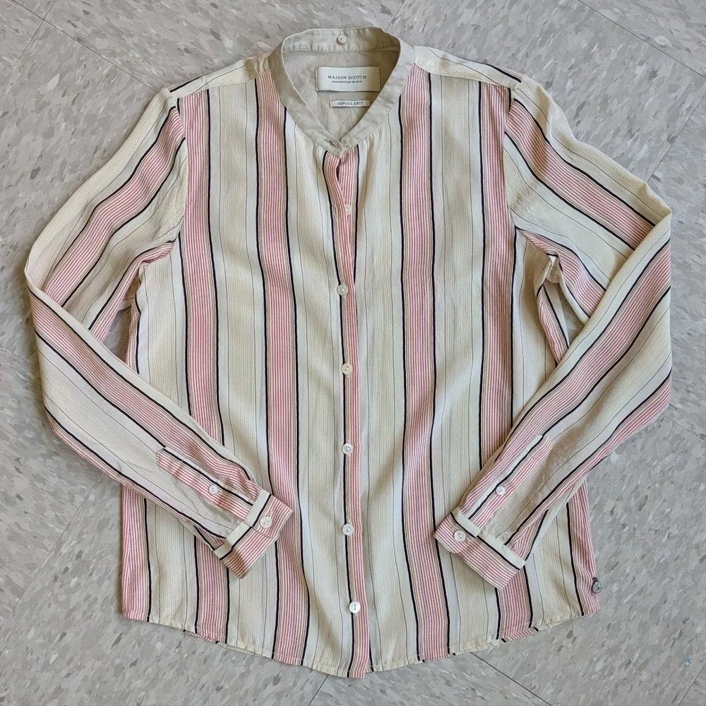 Maison Scotch Amsterdams Blauw Silk Striped‎ Button Down Blouse Pink Cream Black